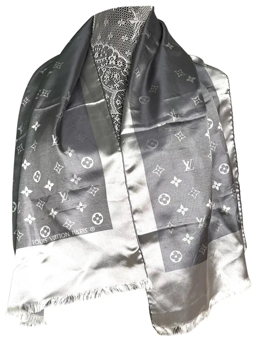 Louis Vuitton Pure Silk Silver and Gray Monogram Scarf Authentic Made in Italy